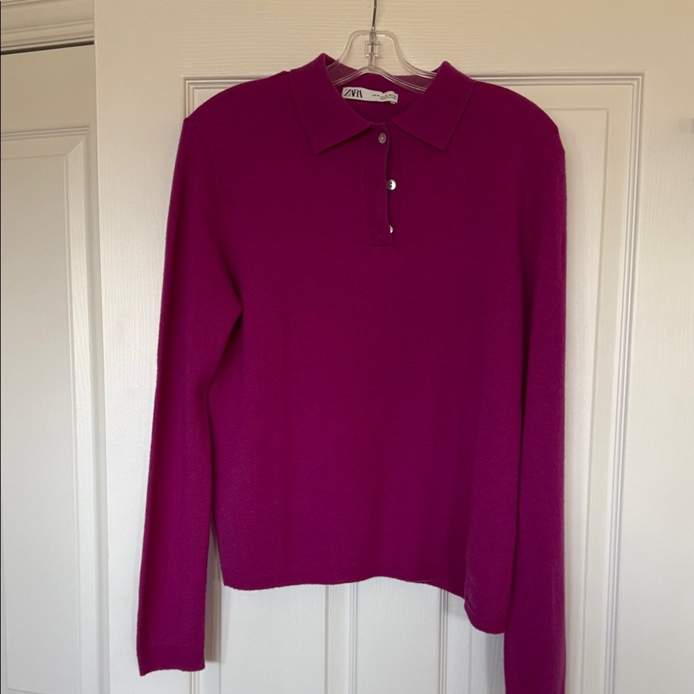 ZARA Magenta Long Sleeve Polo Sweater 100% wool. Slim Fit - size XL